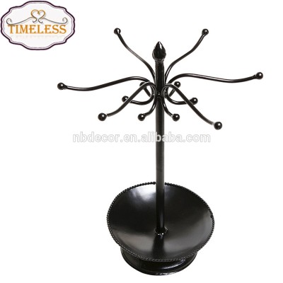 Factory Directly Tree Shape Black Metal Jewelry Organizer Bracelet Necklace Rack Stand with Ring Dish Tray